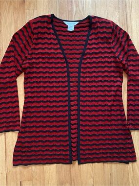 Exclusively Misook Red & Black Patterned Open Front Knit Cardigan Jacket
